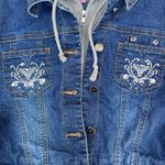 Vintage Blue Denim Jean Embroidered Cropped Hoodie Sweater Jacket Size L Photo 3