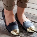 ALDO  Women’s  Leather Black and Metallic Gold‎ Flats Loafers Size 7.5 Photo 0