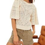 Ba&sh  Claire Pointelle Bell Sleeve Cotton Eyelet Sweater Off White Size Medium Photo 1