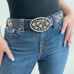Western Edgy Black Leather Fleur De Lis Crystal Stud Silver Tone Hardware Belt Photo 0