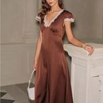 Rihoas Brown Satin V Neck Lace Maxi Dress Size XL Photo 1
