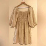 BIBI | Taupe Striped Smocked Puff Sleeve Dress White Size XL Photo 4