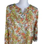 Multiples  Top Blouse Retro Floral Large L Semi-Sheer 70s Roll Tab Sleeves Photo 8