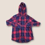 Aritzia TNA Hooded Plaid Boyfriend Fit Button Down Long Sleeve Red Navy XS Blue Photo 3