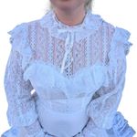 Vintage 70s Victorian Wedding Dress Bridgerton Lace High Neck Illusion Neckline White Size 8 Photo 3
