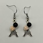 Silver Eiffel Tower Earrings with Pink Roses and Black Accents Photo 0