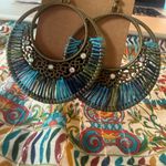 Boho Statement Earrings Bronze Filigree Blue Thread Wrap Large Drop Dangle Photo 3
