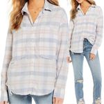 Free People  Loveland Plaid Button Down Shirt Women's Small White Boho Pastel Photo 0