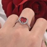 18K White Gold Plated Adjustable Birthstone Crystal Love Heart Ruby Ring for Women Silver Photo 3