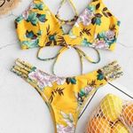 Zaful Yellow Flower Print Lace Up Braided Two Piece Bikini NWT Photo 0