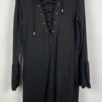 Maven West Maven West Black Lace-Up Neckline Long Bell Sleeve Mini Shift Dress Photo 0