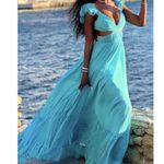Mac Duggal Ruched Ruffled Shoulder Cut Out Lace Up Gown in Turquoise US 12 NWT Photo 3