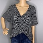 BP Deep V Neck Faux Wrap Draped Short Sleeve Striped Blouse Black White Sz Large Photo 2