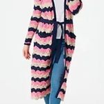 Laurie Felt Pointelle Knit Maxi Cardigan Duster Sweater Navy Pink Tan Size XXS Photo 0
