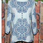 Kenar Ladies White & Blue Printed Blouse Top Size M Lightweight Career Church Photo 0