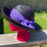 Vintage Straw Kentucky Derby Hat with Ribbon Black and Purple Photo 0