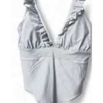 H&M  Women’s‎ 2XL One-Piece Swimsuit Blue White Stripe Ruffle Strap Coastal Chic Photo 5
