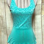 Teal Blue Lace Small Stretchy Summer Blouse Business Casual Photo 0