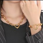 18K Gold Plated Heart chunky Necklace Set Stainless Steel womens Jewelry Photo 1