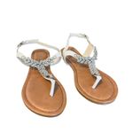 Trendsup Collection Silver and White T-Strap Buckle Flats Sandals with Tan base Women’s Size 5.5 Photo 1