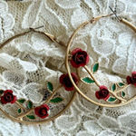 Gold Tone Rose Enamel Hoop Earrings Green Photo 0