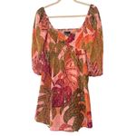 Kourt Tropical Leaf Puff Sleeve Mini Dress Pink Orange Multicolor Size S‎ NWT Photo 1
