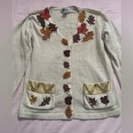 Fall Autumn leaves Embroidered Beaded Cream Cardigan Orange Photo 2