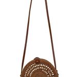 Handcrafted in Vietnam Boho Rattan Wicker and Leather 8" Crossbody Round Bag NWT Brown Photo 1