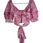 Anthropologie Maeve by Tie-Back Printed Crop Top Nuuly Pink White Puff Sleeve Sm Photo 3