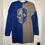 Woman’s Size Medium Color Block Skull Cardigan Open Front Button Down Oversized Blue Photo 0