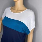 Love j Short Sleeve Color Block Striped Blouse Size Large Teal Navy Blue White Photo 2