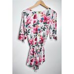 Umgee  Floral Print Romper Women's Size S White Pink Blue V-Neck Tie 3/4 Sleeve Photo 2