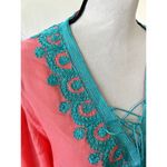 Maison du Caftan Coral Pink & Teal Metallic Embroidered Tunic Size XL Photo 2