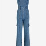 EXPRESS  Strapless Wide Leg Cargo Denim Jean Jumpsuit Womens 12 Light Blue Wash Photo 4