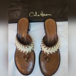 Cole Haan Woven Sandals 7 1/2 B Thong 2" Heel Slip On Brown Leather Dustbag Inc. Photo 1