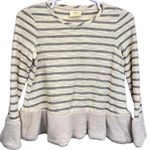 Maeve  x Anthropologie Astor Fur-Trimmed Top Cream Gray XS Stripes Long Sleeve Photo 2