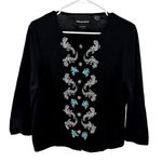 Vintage Michael Simon Beaded Button Up Cardigan Turquoise Lizard Silk Black L Size L Photo 0