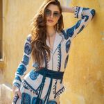 ZARA  ZW Collection Flowy Silky Button Down  Collar Shirt Blue White Oversized XS Photo 9