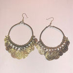 Brass Tone Aged Gold Tone Coin Dangle Boho Retro Hoop Earrings Photo 1