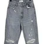 ZARA Straight Leg High Waisted Distressed Jeans Raw Hem 2 Rinsed Black #3900 Photo 2