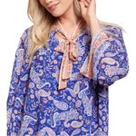 Lost + Wander Blue Paisley Tie-Neck Mini Dress Long Bell Sleeve – Size Small Photo 3