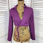 ZARA  Houndstooth Cropped Polo Top Purple Black Small Long Sleeve‎ Deep V-neck Photo 2