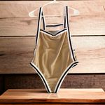 Nightwalker Tan White Caged Strappy Back Striped Trim Bodysuit Top Juniors Large Photo 1