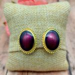 Trifari TM Gold Tone Oval Clip On Earrings Textured Trim Purple Plum Center 1" Photo 2
