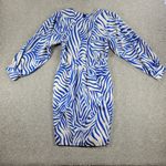 Saint Laurent VTG Dress 38 Blue White Zebra Abstract Print Puff Sleeve Pencil Photo 2
