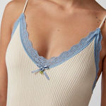 Urban Outfitters  Out From Under Lace Trim Bodysuit Cream Blue Women’s Small Photo 0