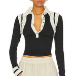 Free People  Wednesday Polo Jersey Top in Black Combo, S Photo 0