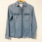 Abercrombie & Fitch Women’s Small Blue Chambray Shirt Pockets Tie Neck Photo 2