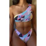 frankie's bikinis NWT Barb One Shoulder Bikini Top in Patchwork Multi Pattern S Photo 4