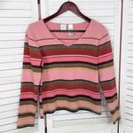 Emma James  Petite Striped Multicolor V Neck Sweater Pink Brown Large Photo 6